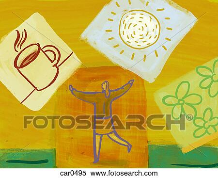 Stock Illustration - Collage of a woman with arms in the air, a cup of coffee, a sun, and flowers. Fotosearch