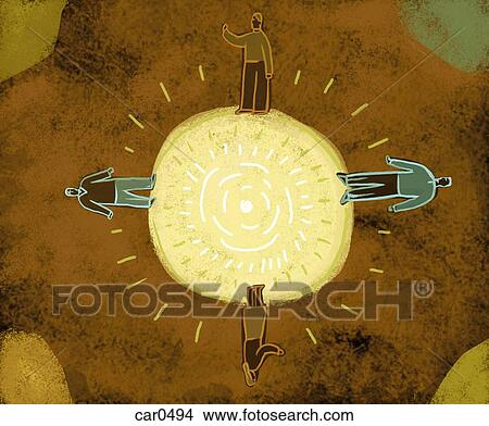 Four people standing at 4 different points on a sun View Large Illustration Stock Illustration - Four people standing at 4 different points on a sun. Fotosearch