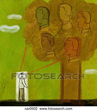Illustration of a man standing in front of a tree with five human heads on it View Large Illustration Drawing - Illustration of a man standing in front of a tree with five human heads on it. Fotosearch