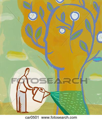 Illustration of a man watering a tree that is shaped like a human head View Large Illustration Clip Art - Illustration of a man watering a tree that is shaped like a human head. Fotosearch