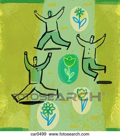 Stock Illustration - Illustration of three men running and jumping amongst flowers. Fotosearch