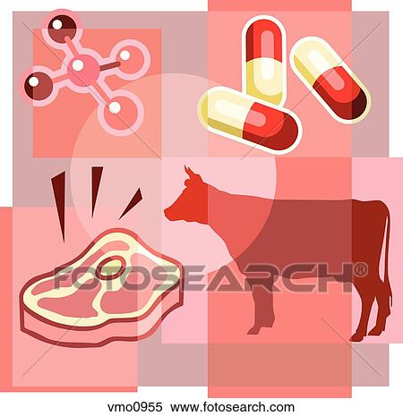 Stock Illustration - Montage illustration about antibiotics in meat containing pills, molecules, a cow and a steak. Fotosearch