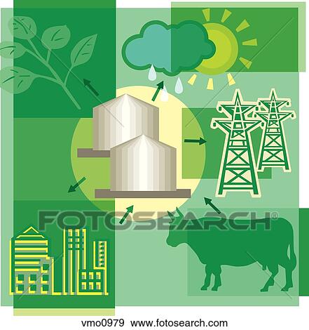 Stock Illustration - Montage illustration about bio energy and gas containing sun, clouds, rain, cow, plant, city and pylons. Fotosearch