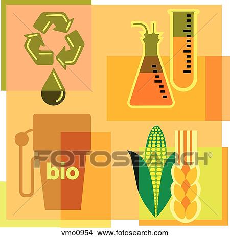Stock Illustration - Montage illustration about biofuels containing beakers, corn, wheat, gas pump and recycling symbol. Fotosearch