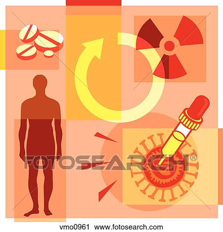 Montage illustration about gene therapy containing a man, pills, a dropper, a radioactive symbol View Large Illustration Clip Art - Montage illustration about gene therapy containing a man, pills, a dropper, a radioactive symbol. Fotosearch