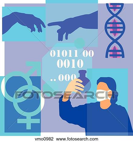 Drawing - Montage illustration about genetic research containing DNA, chromosomes, genetic testing, male and female symbols and code. Fotosearch