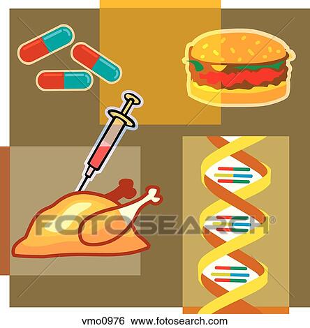 Stock Illustration - Montage illustration about genetically modified meat containing a turkey, syringe, hamburger, DNA and pills. Fotosearch