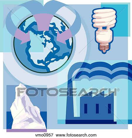 Stock Illustration - Montage illustration about global warming containing a low-watt lightbulb, iceberg, and industrial pollution. Fotosearch