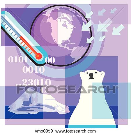Stock Illustration - Montage illustration about global warming containing the world, thermometer, polar bear, codes, and iceberg. Fotosearch