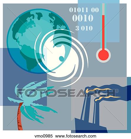 Montage illustration about global warming and climate change containing a thermometer, the world, a tree in hurricane winds and pollution View Large Illustration Stock Illustration - Montage illustration about global warming and climate change containing a thermometer, the world, a tree in hurricane winds and pollution. Fotosearch