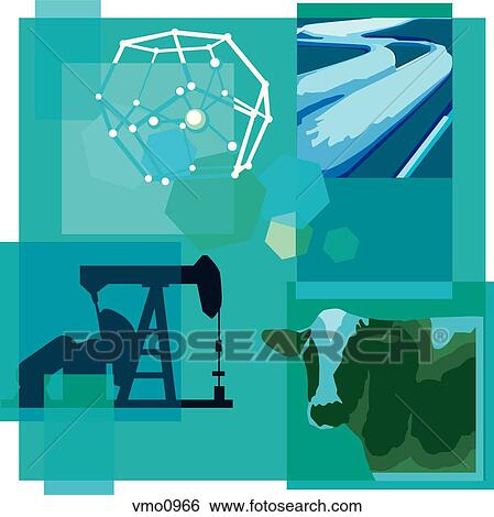Stock Illustration - Montage illustration about methane reduction containing a cow, methane filled pipes and drilling equipment. Fotosearch