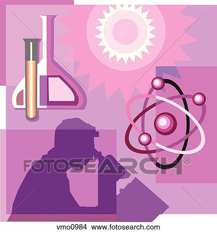 Stock Illustration - Montage illustration about modern science containing molecules, chemicals, and a scientific researcher. Fotosearch