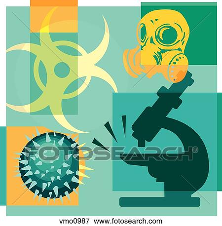 Stock Illustration - Montage illustration about pandemics containing a gas mask, biohazard, virus and microscope. Fotosearch