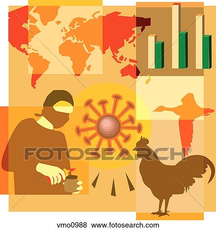 Montage illustration about pandemics containing a virus, bird flu, graphs, world map and a person with face mask View Large Illustration Stock Illustration - Montage illustration about pandemics containing a virus, bird flu, graphs, world map and a person with face mask. Fotosearch