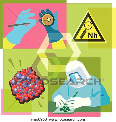 Stock Illustration - Montage illustration about nanotechnology containing a nanohazard symbol, molecules and a researcher. Fotosearch