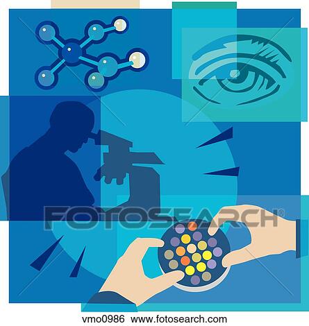 Stock Illustration - Montage illustration about nanotechnology containing an eye, molecules, and a scientist researching with microscope. Fotosearch
