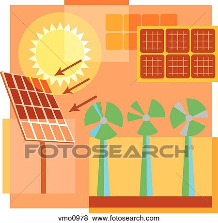 Stock Illustration - Montage illustration about sustainable power containing solar and wind energy. Fotosearch