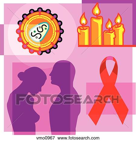 Stock Illustration - Montage illustration about the AIDS pandemic containing a couple, AIDS virus, AIDS ribbon, and candle vigil. Fotosearch
