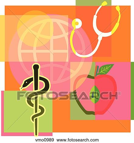 Montage illustration about world health containing an apple, stethoscope, a Staff of Asclepius and globe View Large Illustration Stock Illustration - Montage illustration about world health containing an apple, stethoscope, a Staff of Asclepius and globe. Fotosearch