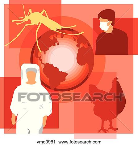 Montage illustration showing global diseases containing a mosquito, person in face mask, chicken, globe, and a person in hazardous materials suit View Large Illustration Clip Art - Montage illustration showing global diseases containing a mosquito, person in face mask, chicken, globe, and a person in hazardous materials suit. Fotosearch