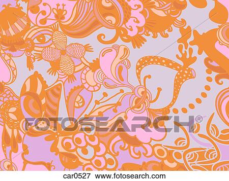 Stock Illustration - A blue, orange and pink whimsical floral background. Fotosearch