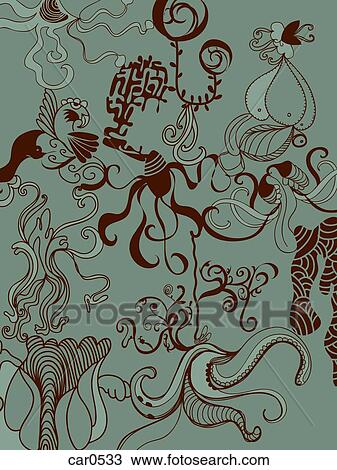 Drawing - A green and brown decorative floral illustration background. Fotosearch