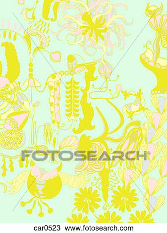Drawing - A green, yellow and pink floral design background. Fotosearch