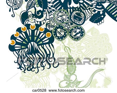 A whimsical green, orange, blue and white floral illustration background View Large Illustration Stock Illustration - A whimsical green, orange, blue and white floral illustration background. Fotosearch