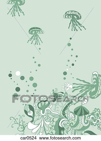 Stock Illustration - A whimsical green underwater floral background with jellyfish. Fotosearch