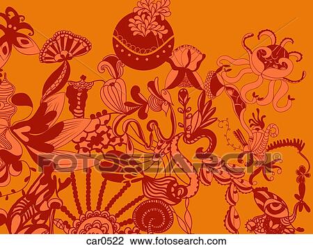 A whimsical orange and red floral decorative background View Large Illustration Drawing - A whimsical orange and red floral decorative background. Fotosearch