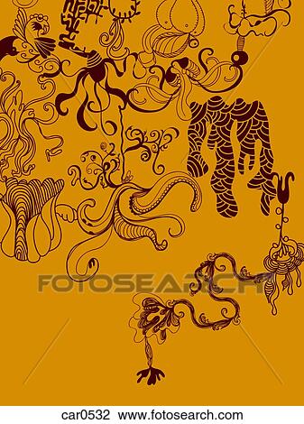 Drawing - An orange and brown whimsical illustration background. Fotosearch