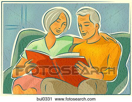 Clip Art - An elderly couple looking through a photo album together. Fotosearch