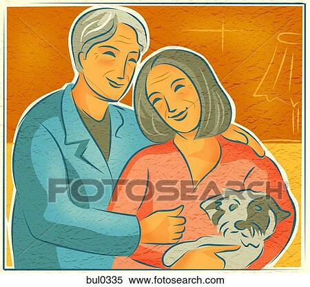 An elderly couple with their pet dog View Large Illustration Stock Illustration - An elderly couple with their pet dog. Fotosearch