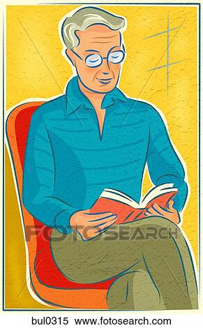 An elderly man sitting in a chair and reading a book View Large Illustration Stock Illustration - An elderly man sitting in a chair and reading a book. Fotosearch
