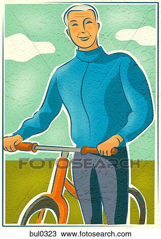 Drawing - An elderly man standing with his bicycle. Fotosearch