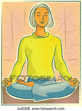 Stock Illustration - An elderly woman doing yoga meditation in the lotus position. Fotosearch