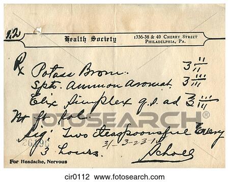A vintage medical prescription for headache and nervousness View Large Illustration Drawing - A vintage medical prescription for headache and nervousness. Fotosearch
