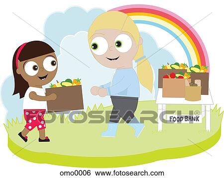 Stock Illustration - A girl bringing donations to a food bank. Fotosearch