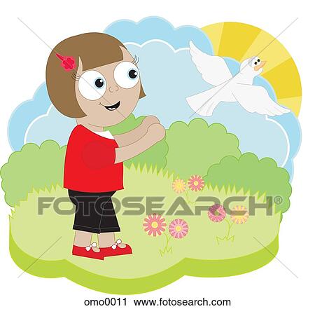 A girl releasing a dove View Large Illustration Clip Art - A girl releasing a dove. Fotosearch