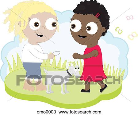 A little girl giving a goat to an African child View Large Illustration Drawing - A little girl giving a goat to an African child. Fotosearch