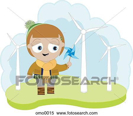 Stock Illustration - A little girl holding a pinwheel and standing in front of wind turbines. Fotosearch
