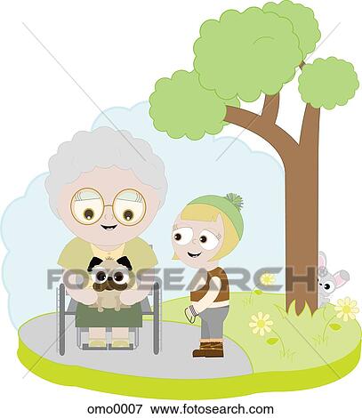 Stock Illustration - A little girl walking a dog for an elderly woman in a wheelchair. Fotosearch