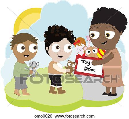 Children bringing donations to a toy drive View Large Illustration Clipart - Children bringing donations to a toy drive. Fotosearch