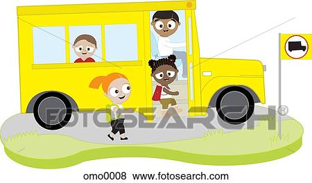 Stock Illustration - Children getting onto a school bus. Fotosearch