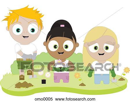Stock Illustration - Children planting flowers and gardening. Fotosearch