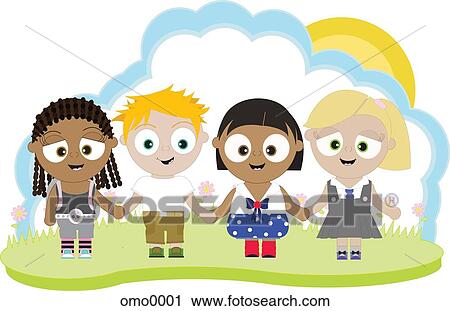 Clip Art - Multi-racial children holding hands in a row. Fotosearch