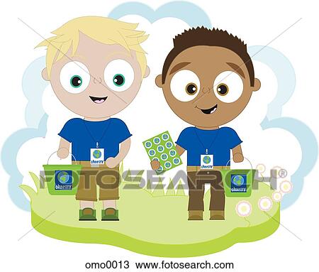 Drawing - Two boys volunteer canvassing for a charity. Fotosearch