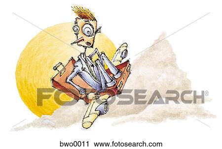 Clip Art - A businessman flying on an airplane shaped like a briefcase. Fotosearch