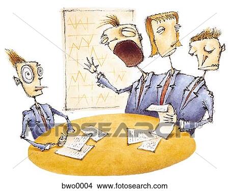 Stock Illustration - A businessman in a meeting with three headed board member. Fotosearch