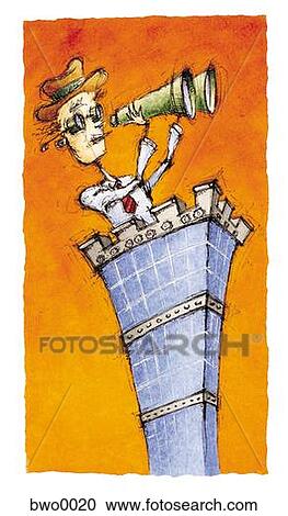 A businessman on the top of a high rise using binoculars View Large Illustration Clipart - A businessman on the top of a high rise using binoculars. Fotosearch